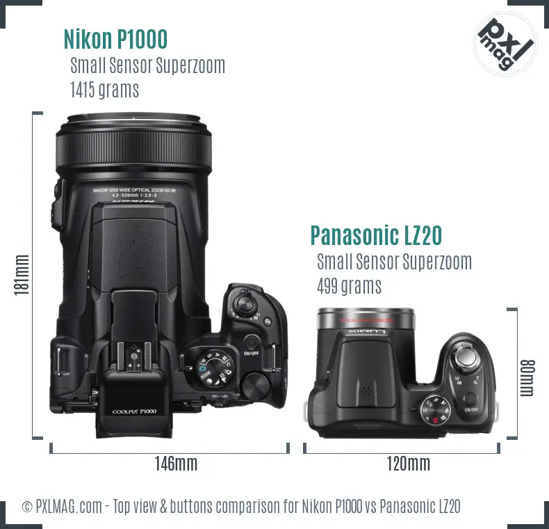 Nikon P1000 vs Panasonic LZ20 top view buttons comparison