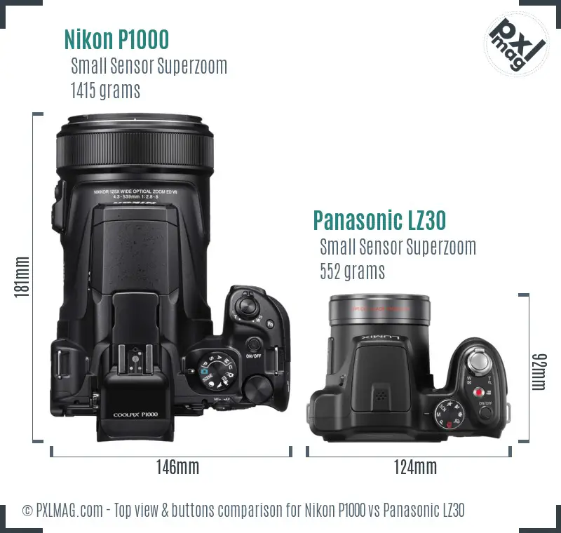 Nikon P1000 vs Panasonic LZ30 top view buttons comparison