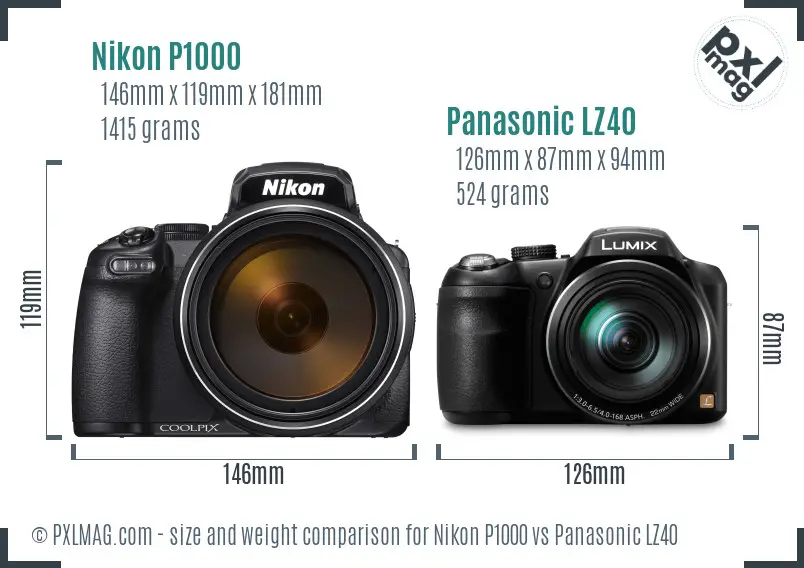 Nikon P1000 vs Panasonic LZ40 size comparison