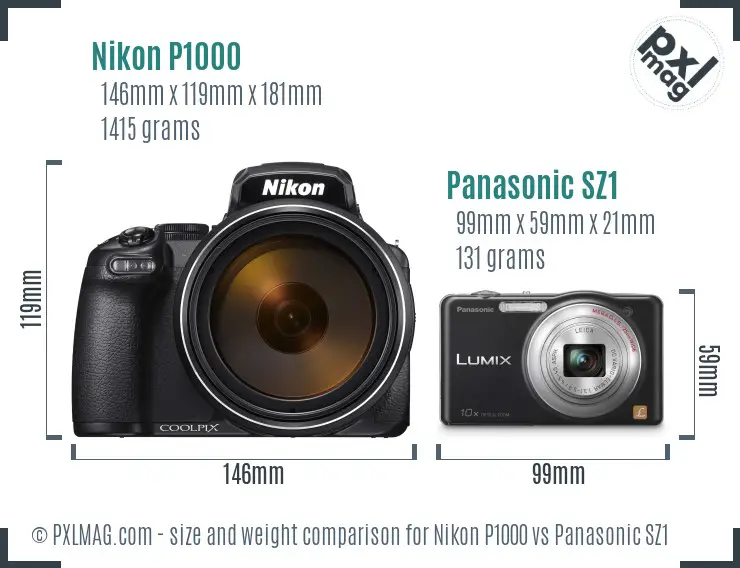 Nikon P1000 vs Panasonic SZ1 size comparison