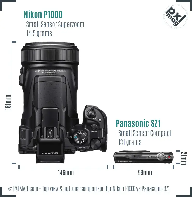 Nikon P1000 vs Panasonic SZ1 top view buttons comparison