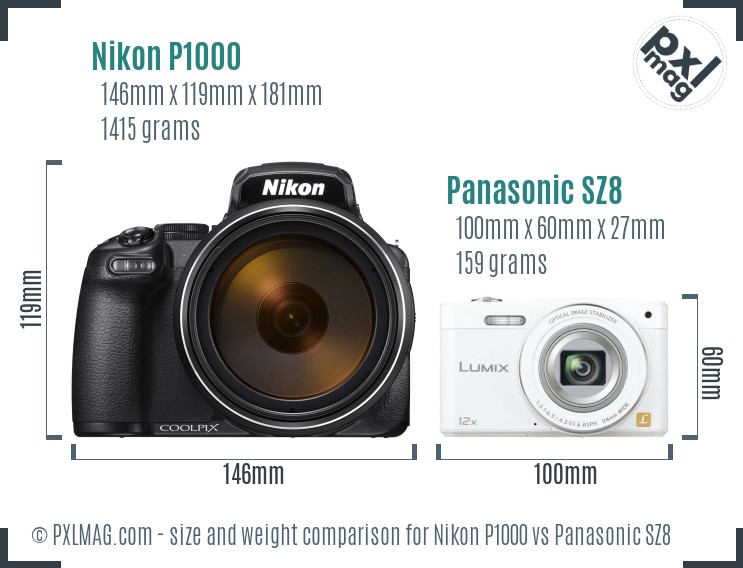 Nikon P1000 vs Panasonic SZ8 size comparison