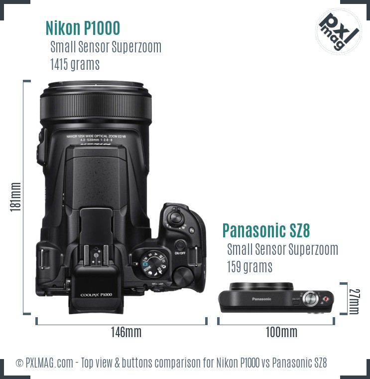 Nikon P1000 vs Panasonic SZ8 top view buttons comparison