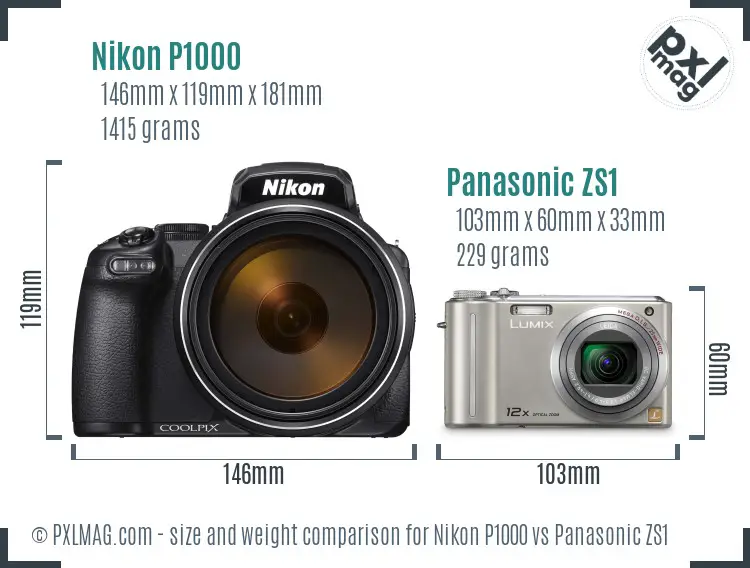 Nikon P1000 vs Panasonic ZS1 size comparison