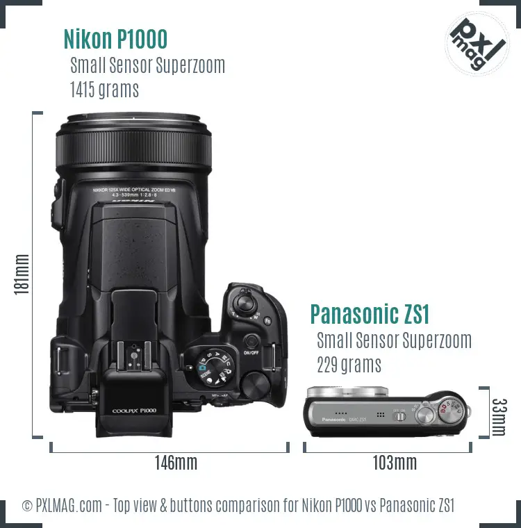 Nikon P1000 vs Panasonic ZS1 top view buttons comparison