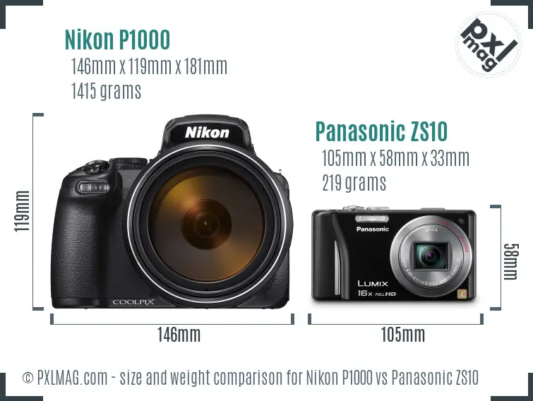 Nikon P1000 vs Panasonic ZS10 size comparison