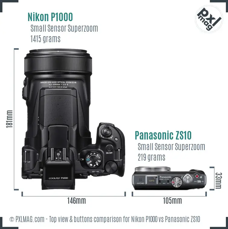 Nikon P1000 vs Panasonic ZS10 top view buttons comparison