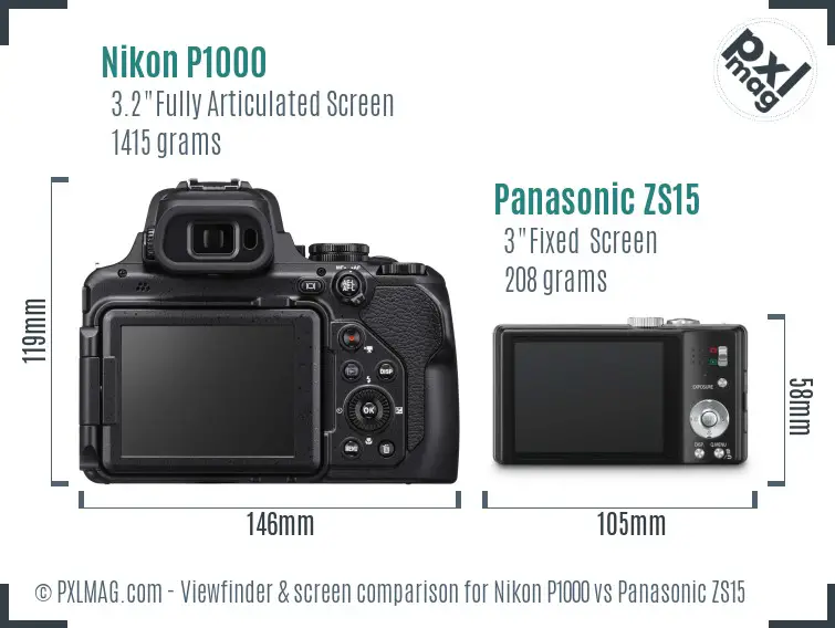 Nikon P1000 vs Panasonic ZS15 Screen and Viewfinder comparison