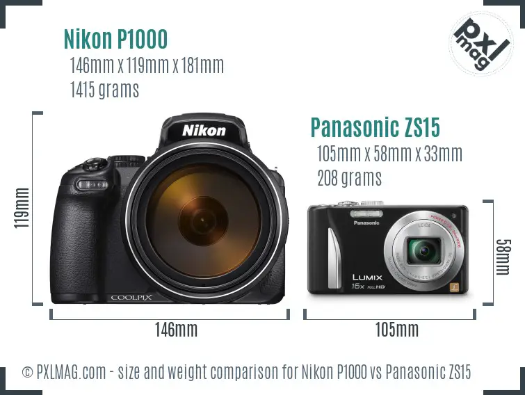 Nikon P1000 vs Panasonic ZS15 size comparison