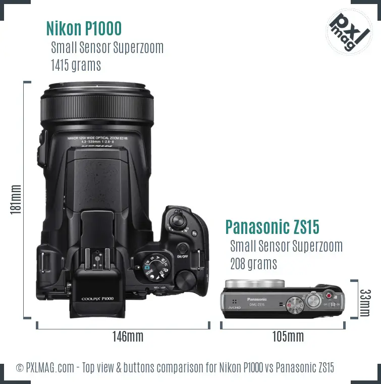 Nikon P1000 vs Panasonic ZS15 top view buttons comparison