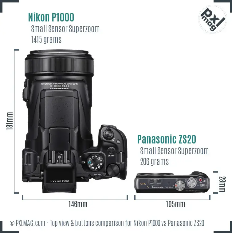 Nikon P1000 vs Panasonic ZS20 top view buttons comparison