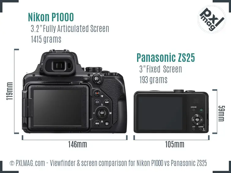 Nikon P1000 vs Panasonic ZS25 Screen and Viewfinder comparison