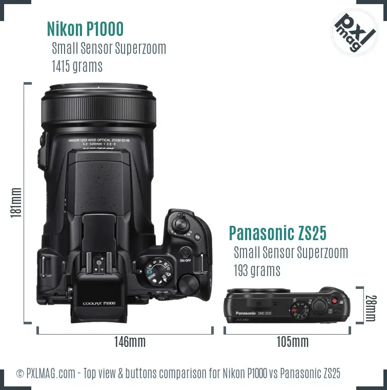 Nikon P1000 vs Panasonic ZS25 top view buttons comparison