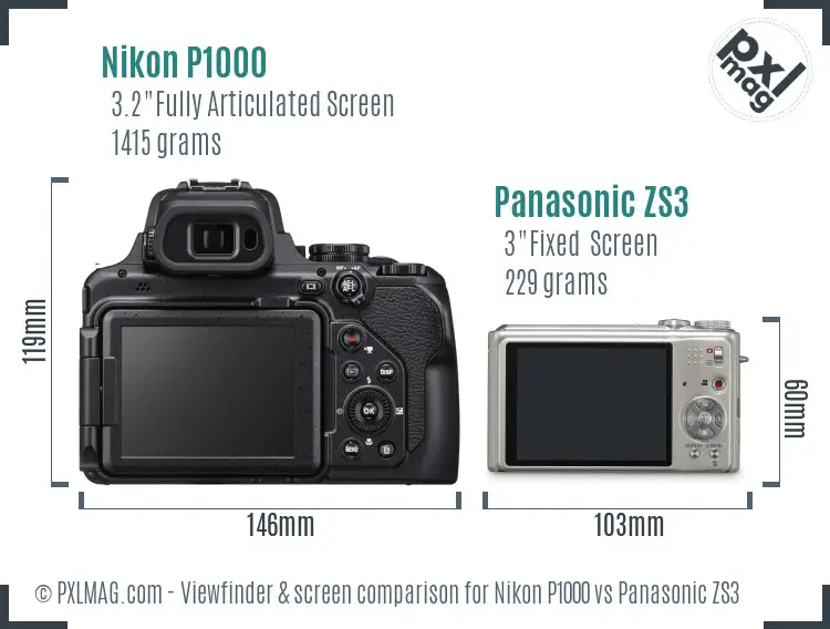 Nikon P1000 vs Panasonic ZS3 Screen and Viewfinder comparison