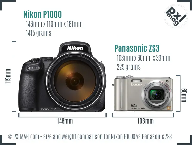 Nikon P1000 vs Panasonic ZS3 size comparison