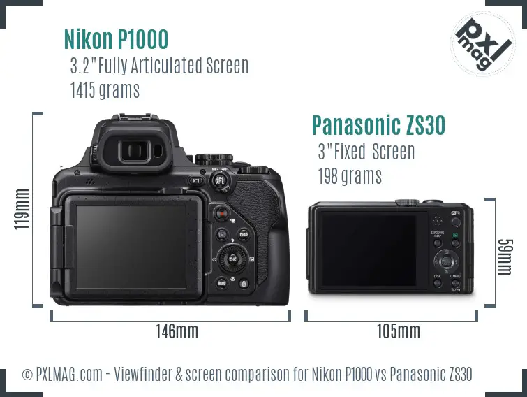 Nikon P1000 vs Panasonic ZS30 Screen and Viewfinder comparison