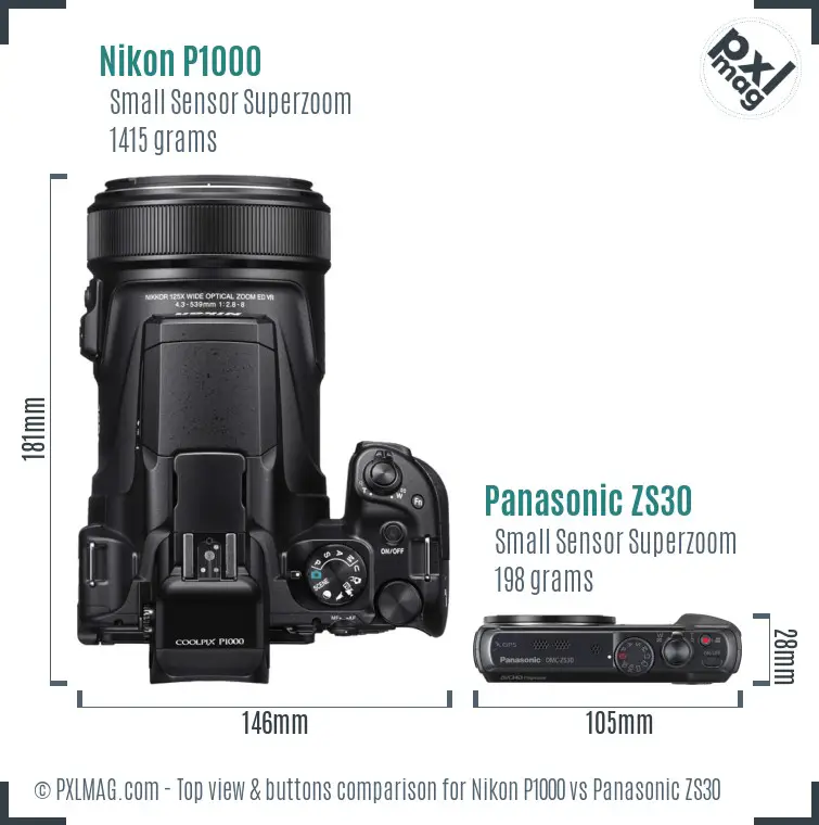 Nikon P1000 vs Panasonic ZS30 top view buttons comparison