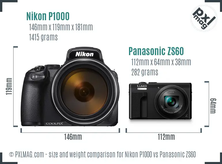 Nikon P1000 vs Panasonic ZS60 size comparison