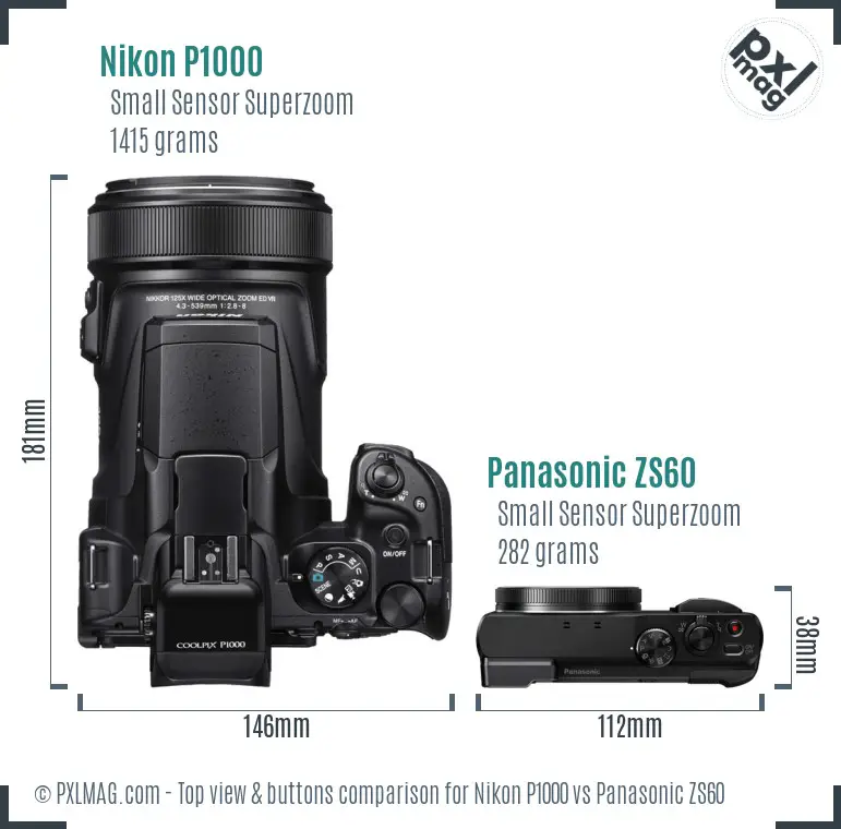 Nikon P1000 vs Panasonic ZS60 top view buttons comparison