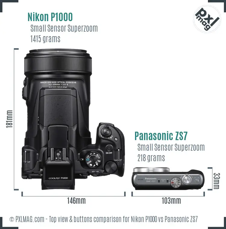 Nikon P1000 vs Panasonic ZS7 top view buttons comparison