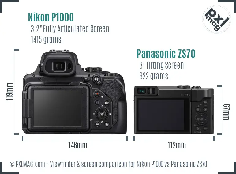 Nikon P1000 vs Panasonic ZS70 Screen and Viewfinder comparison