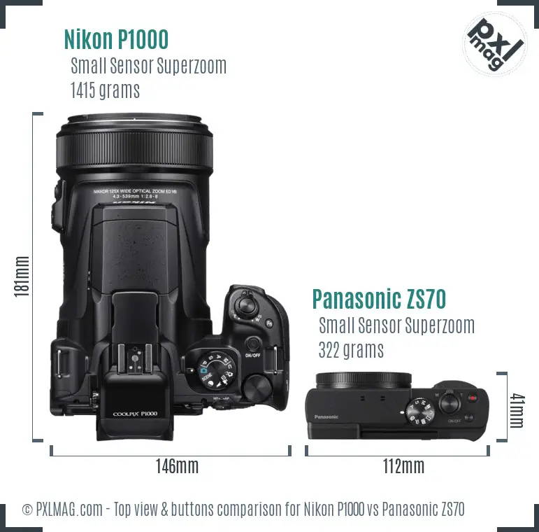 Nikon P1000 vs Panasonic ZS70 top view buttons comparison