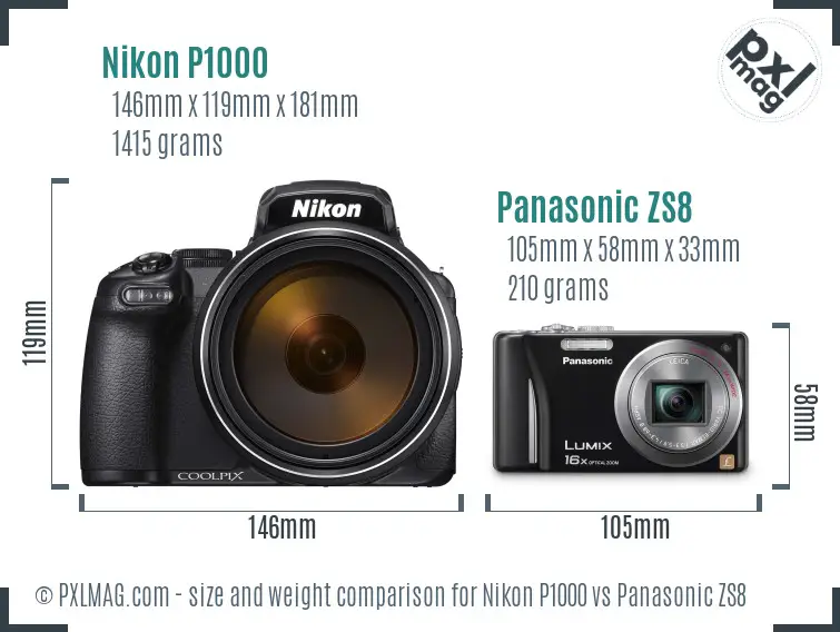 Nikon P1000 vs Panasonic ZS8 size comparison