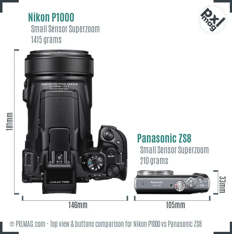 Nikon P1000 vs Panasonic ZS8 top view buttons comparison