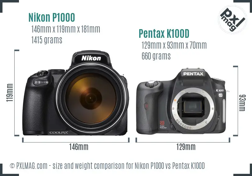 Nikon P1000 vs Pentax K100D size comparison