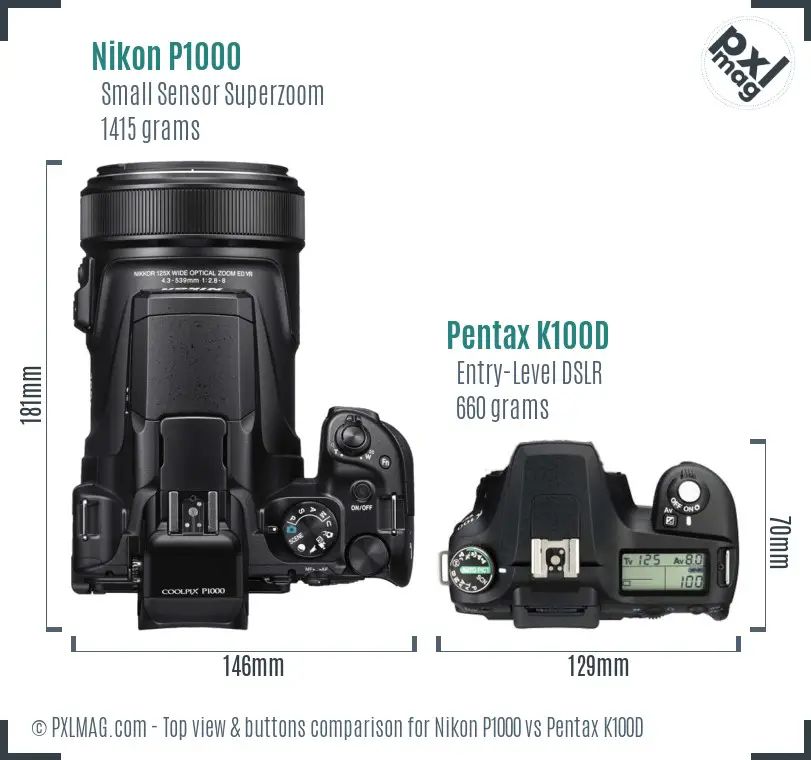 Nikon P1000 vs Pentax K100D top view buttons comparison