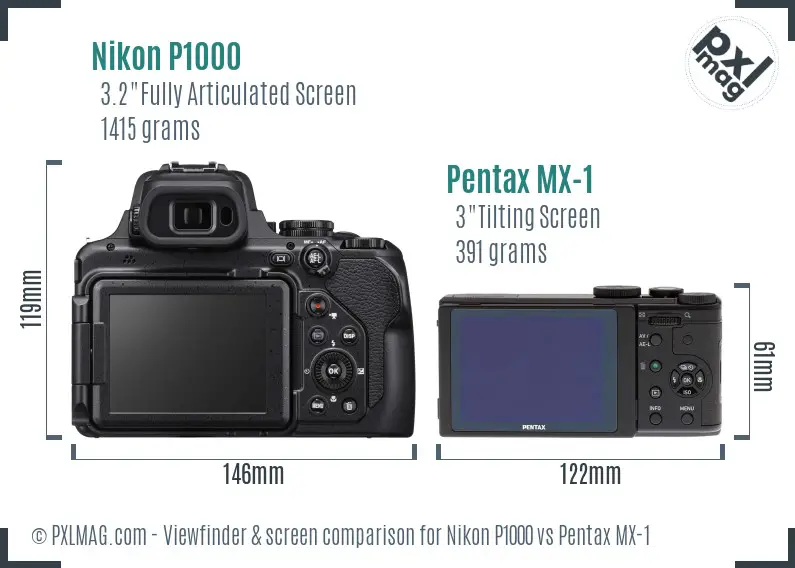 Nikon P1000 vs Pentax MX-1 Screen and Viewfinder comparison