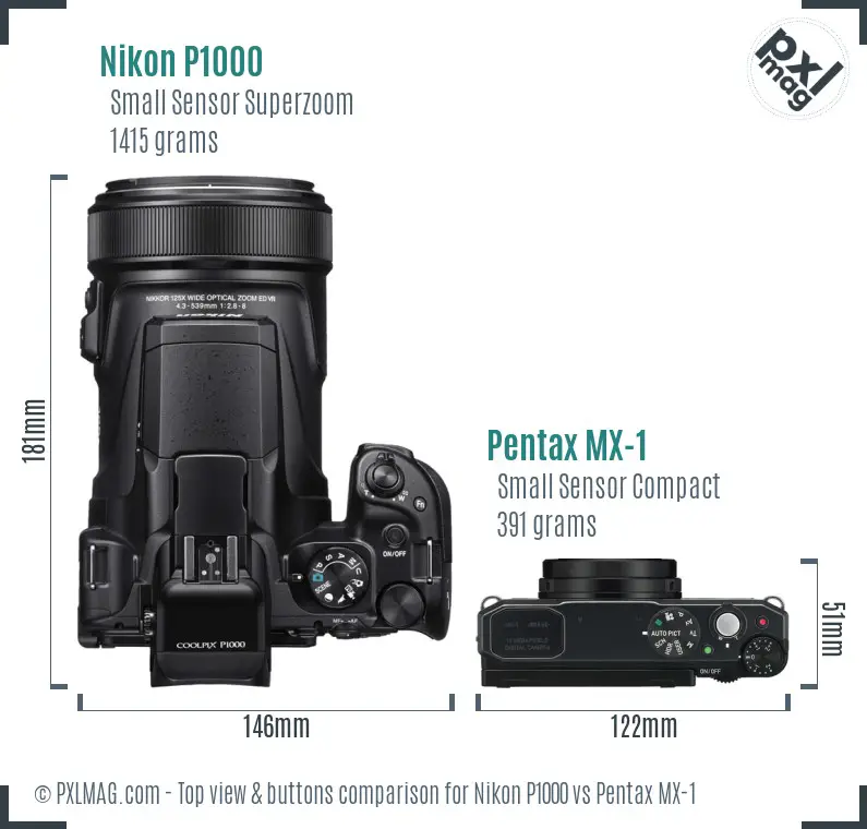 Nikon P1000 vs Pentax MX-1 top view buttons comparison