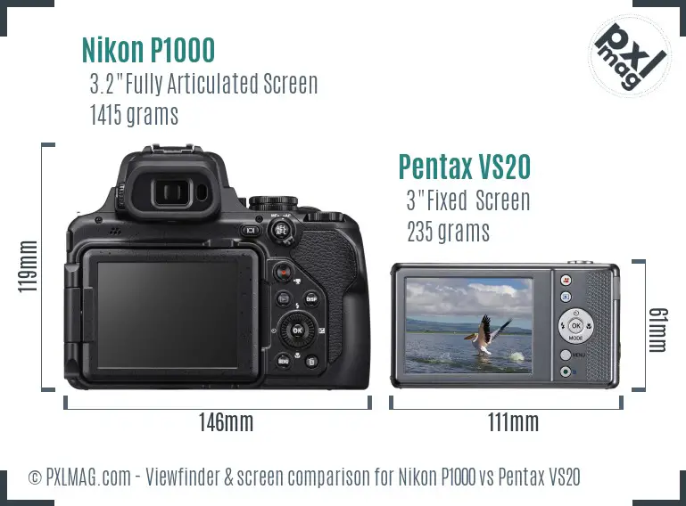 Nikon P1000 vs Pentax VS20 Screen and Viewfinder comparison