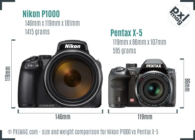 Nikon P1000 vs Pentax X-5 size comparison