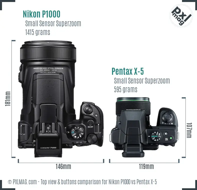 Nikon P1000 vs Pentax X-5 top view buttons comparison