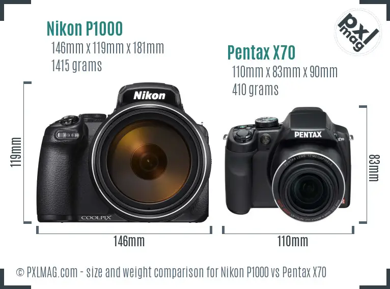 Nikon P1000 vs Pentax X70 size comparison