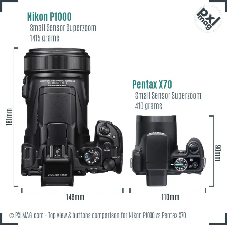 Nikon P1000 vs Pentax X70 top view buttons comparison