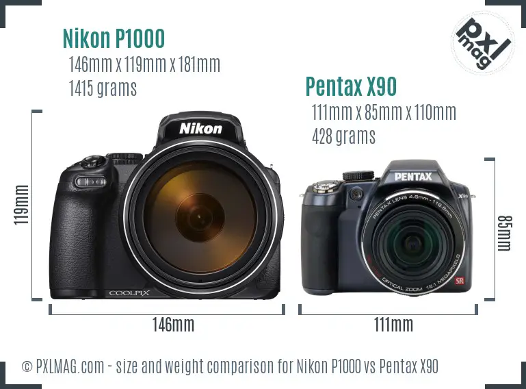 Nikon P1000 vs Pentax X90 size comparison