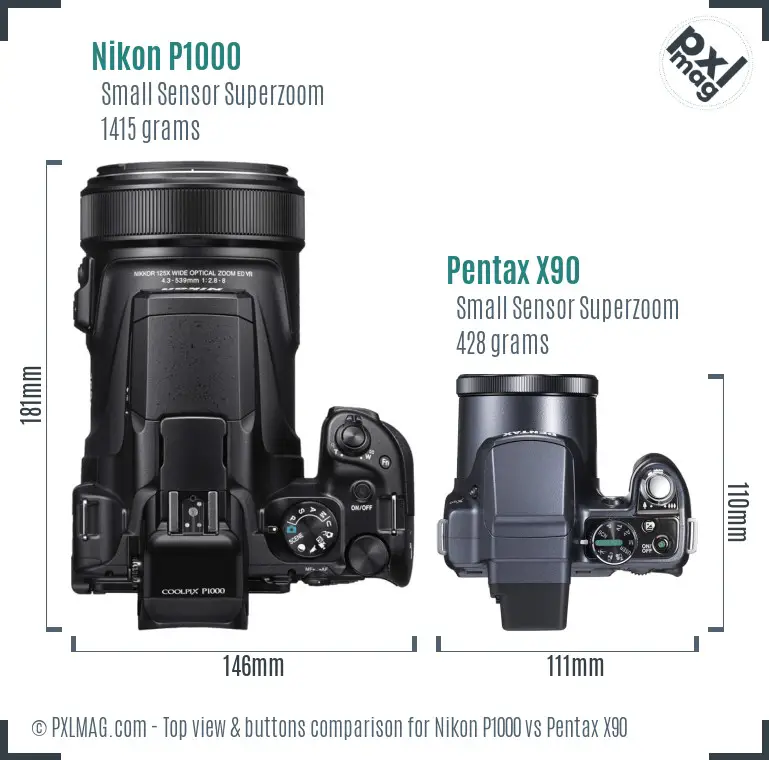 Nikon P1000 vs Pentax X90 top view buttons comparison