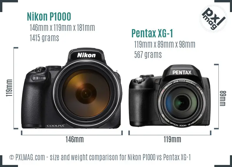 Nikon P1000 vs Pentax XG-1 size comparison