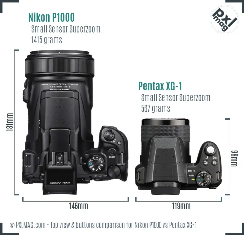 Nikon P1000 vs Pentax XG-1 top view buttons comparison