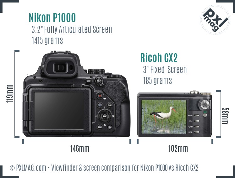 Nikon P1000 vs Ricoh CX2 Screen and Viewfinder comparison