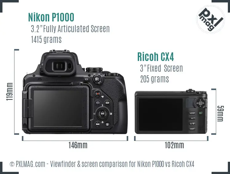 Nikon P1000 vs Ricoh CX4 Screen and Viewfinder comparison