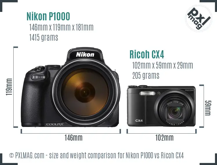 Nikon P1000 vs Ricoh CX4 size comparison