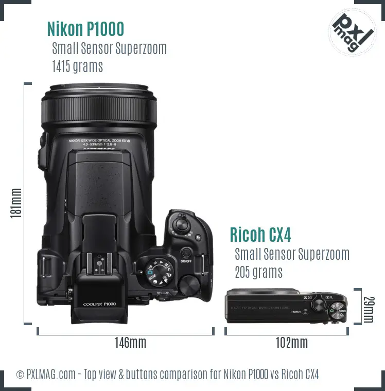 Nikon P1000 vs Ricoh CX4 top view buttons comparison