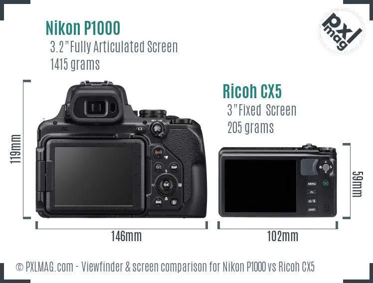 Nikon P1000 vs Ricoh CX5 Screen and Viewfinder comparison