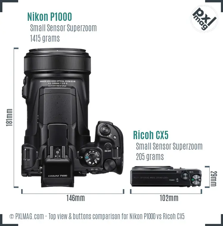 Nikon P1000 vs Ricoh CX5 top view buttons comparison