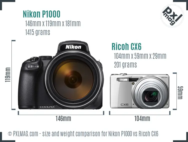 Nikon P1000 vs Ricoh CX6 size comparison Nikon P1000 vs Ricoh CX6 size comparison
