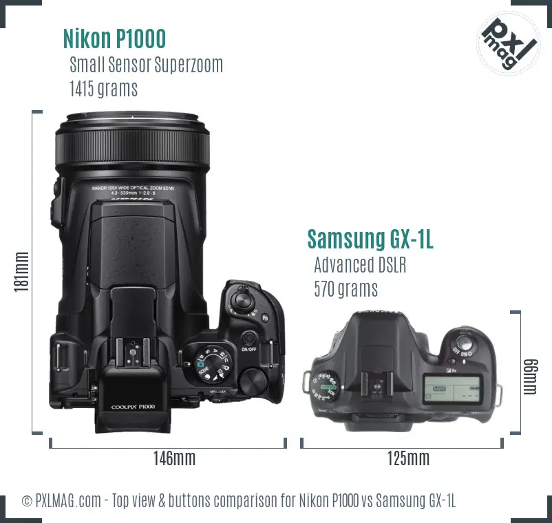 Nikon P1000 vs Samsung GX-1L top view buttons comparison