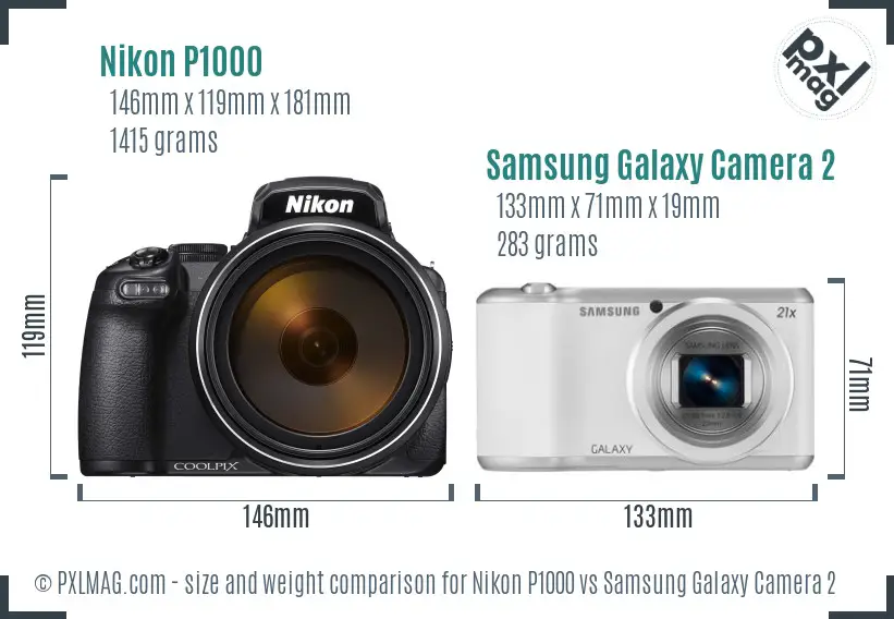 Nikon P1000 vs Samsung Galaxy Camera 2 size comparison